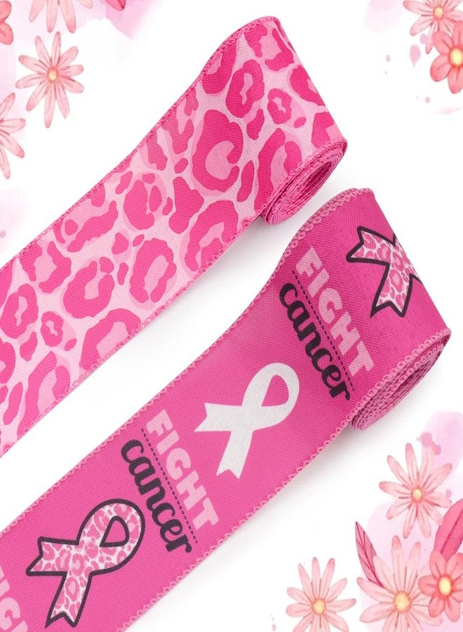 Threetols 2 Rolls 10 Yards Breast Cancer Awareness Wired Edge Ribbons, 2.5inch Hot Pink Leopard Awareness Ribbon, Fight Cancer Ribbon for Breast Cancer Awareness Women Activities Wreath Bow Decor - Image 1